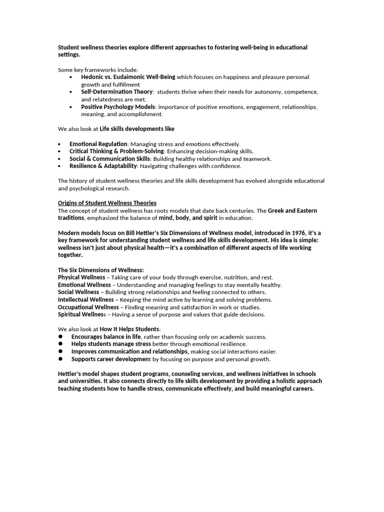 Student Wellness Theories Overview | PDF | Well Being | Psychological ...
