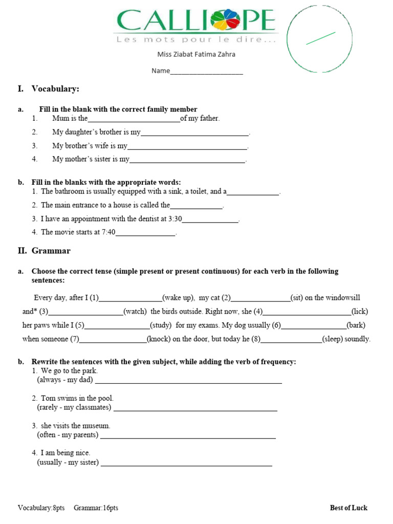 Family Vocabulary and Grammar Exercises | PDF