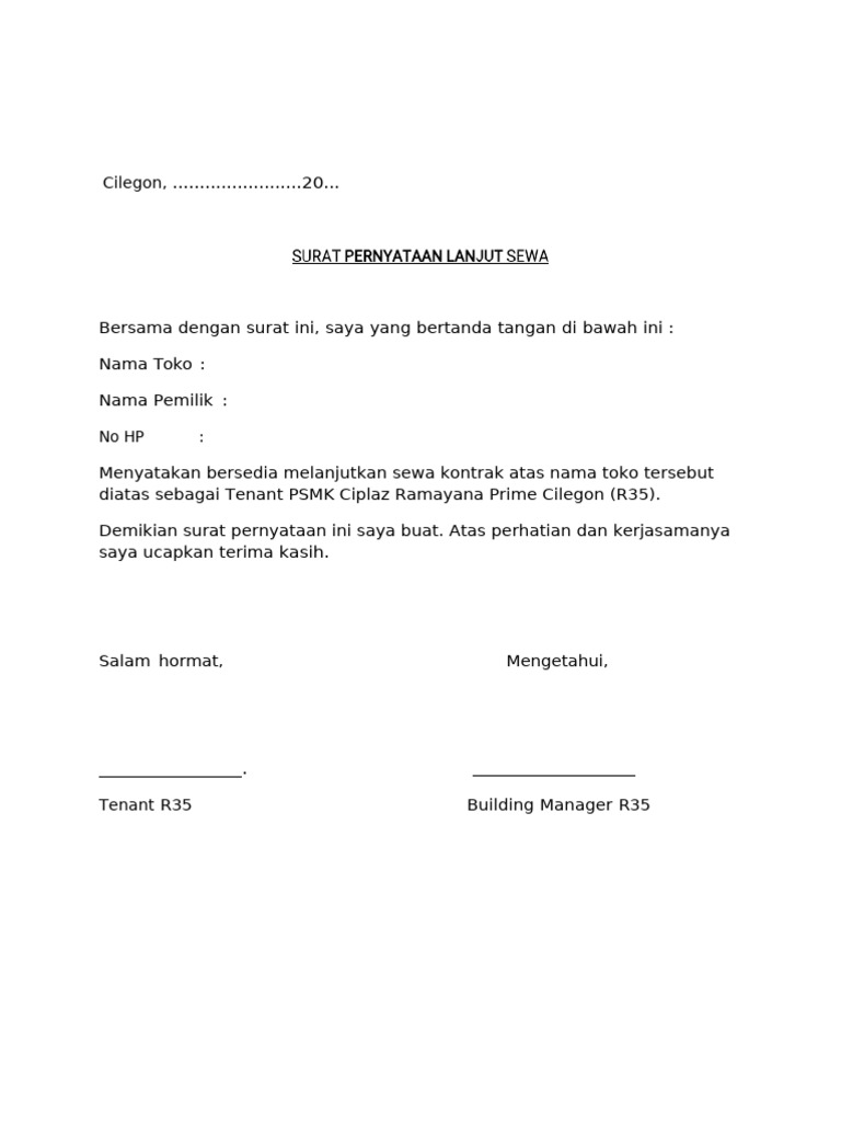 Surat Pernyataan Sewa Tenant R35 | PDF