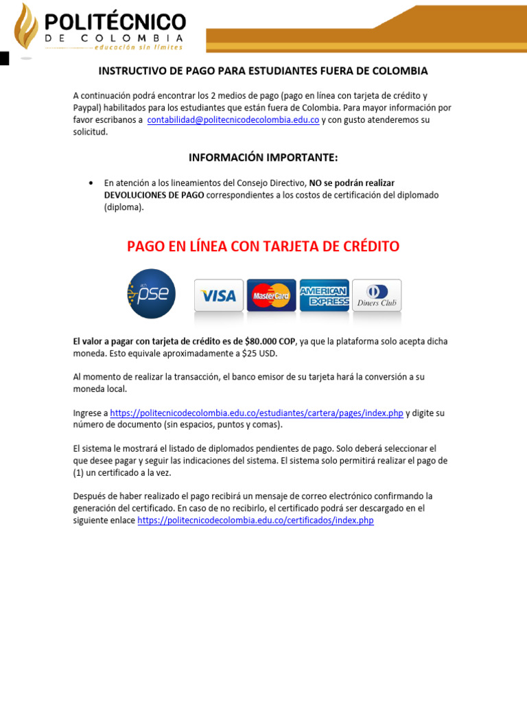 Instructivo de Pago Cartera Fuera de Colombia | PDF
