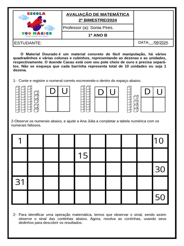 Avaliação de Matemática 1º Ano - 2º Bimestre | PDF