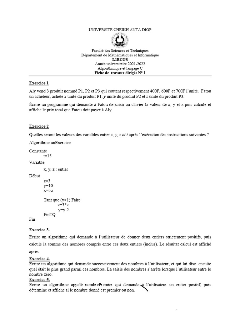 Exercices corrigés sur algorithmes C | PDF