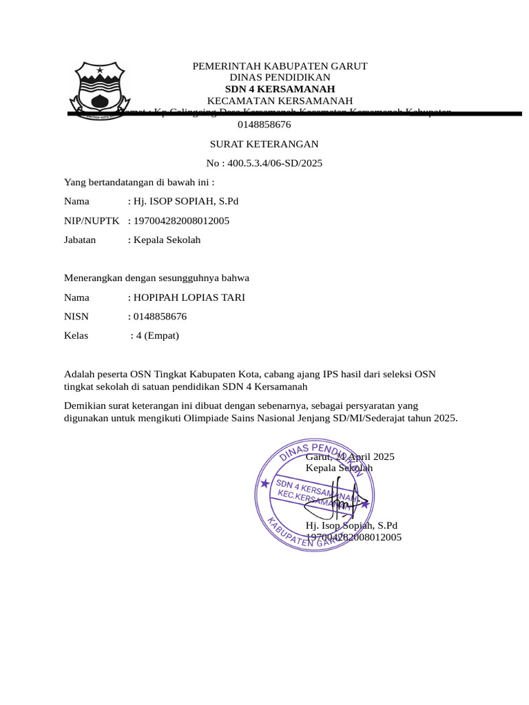 Surat Keterangan Peserta OSN IPS 2025 | PDF