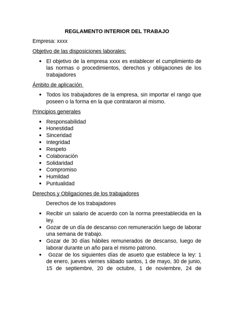 Reglamento Interno de Trabajo en xxxx | PDF | Tiempo de trabajo | Justicia