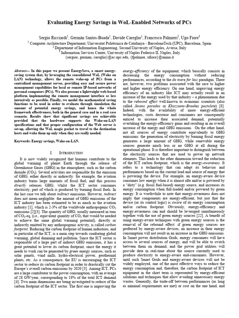 Evaluating Energy Savings in WoL-enabled Networks of PCs | PDF ...
