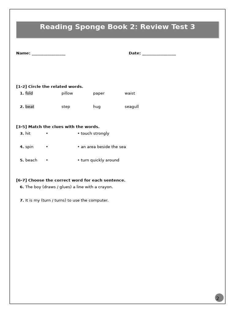 Reading Sponge Book 2 Review Test | PDF