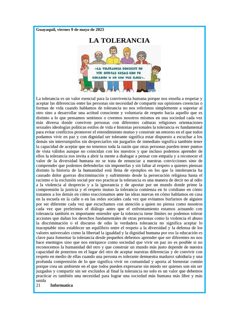 La Importancia de la Tolerancia en Sociedad | PDF | Tolerancia ...