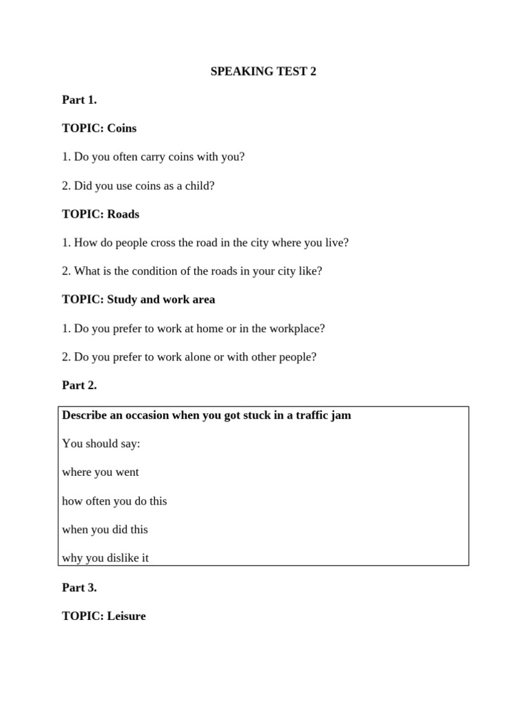 Speaking Test 2: Topics & Questions | PDF