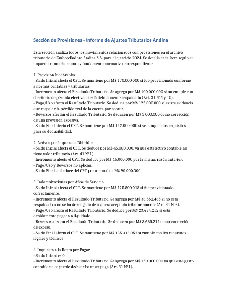 Ajustes Tributarios Provisiones Andina 2024 | PDF | Contabilidad ...
