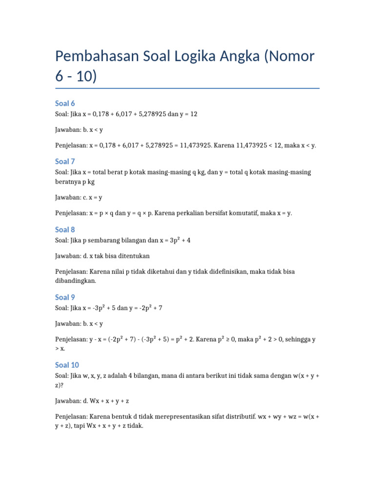 Pembahasan Soal Logika Angka 6-10 | PDF