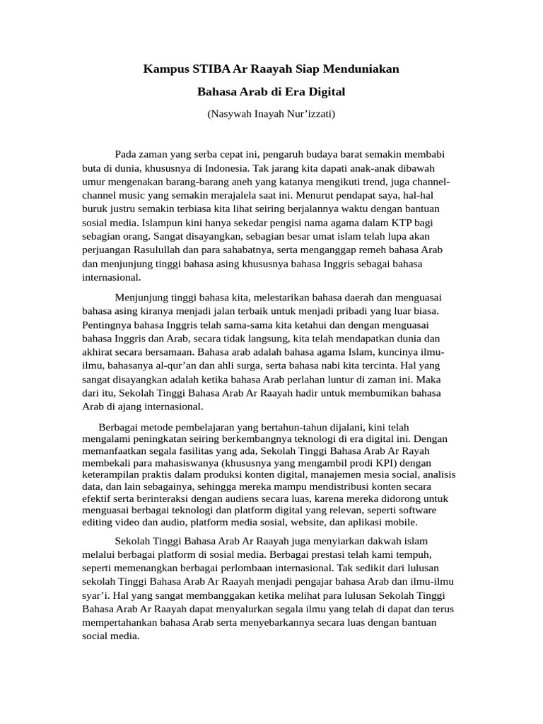 STIBA Ar Raayah: Lestarikan Bahasa Arab | PDF