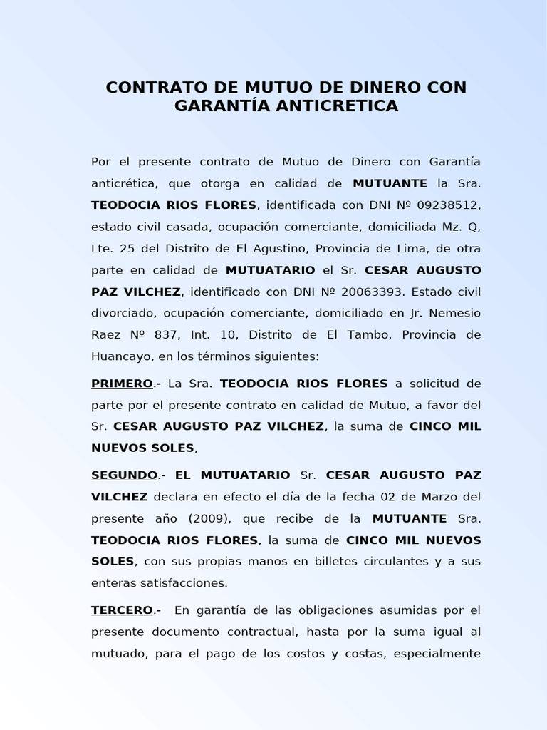Contrato de Mutuo de Dinero Anticrético | PDF