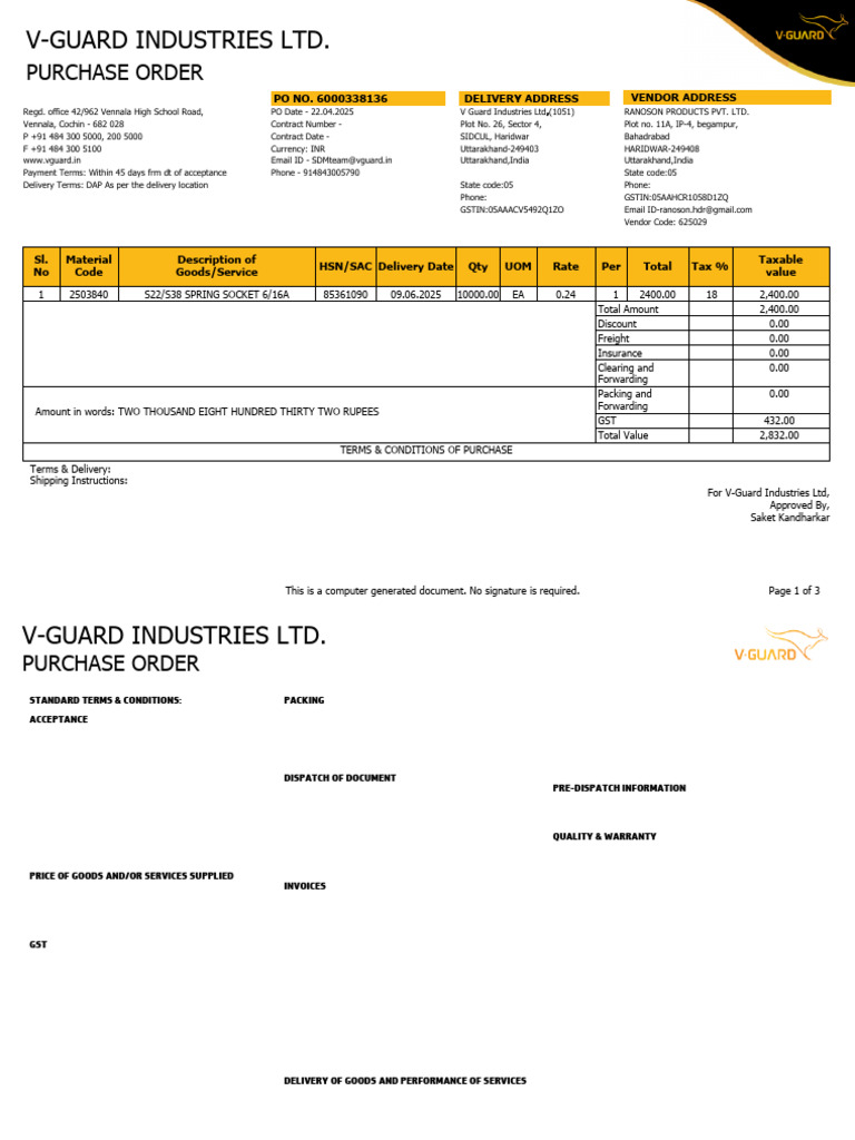 V-Guard Purchase Order Details | PDF | Invoice | Procurement