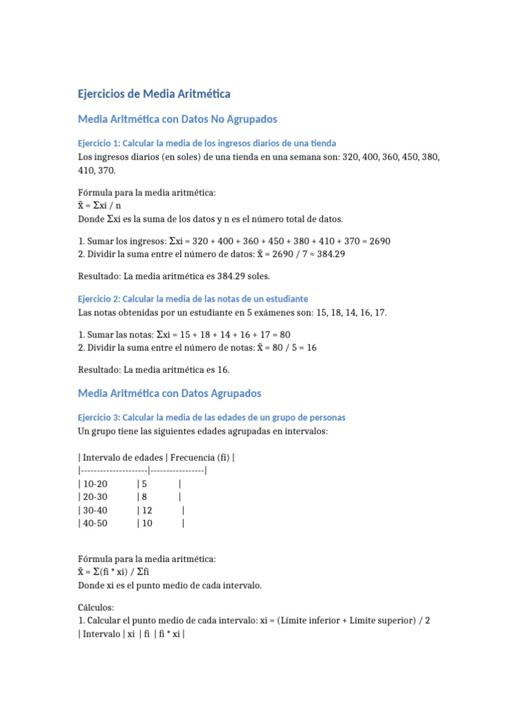 Ejercicios de Media Aritmética | PDF | Significado aritmetico | Matemáticas