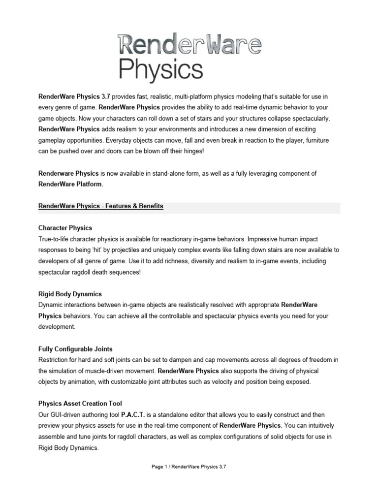 RenderWare Physics 3.7 Overview | PDF | Physics | Simulation