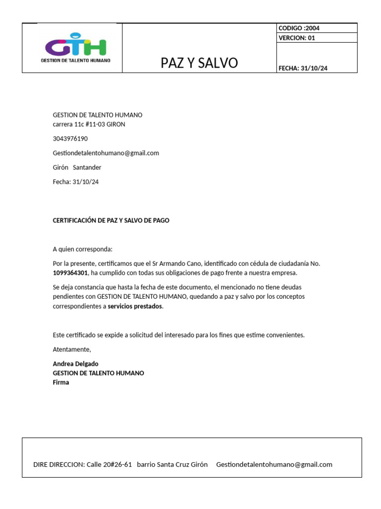 Certificación de Paz y Salvo 2024 | PDF