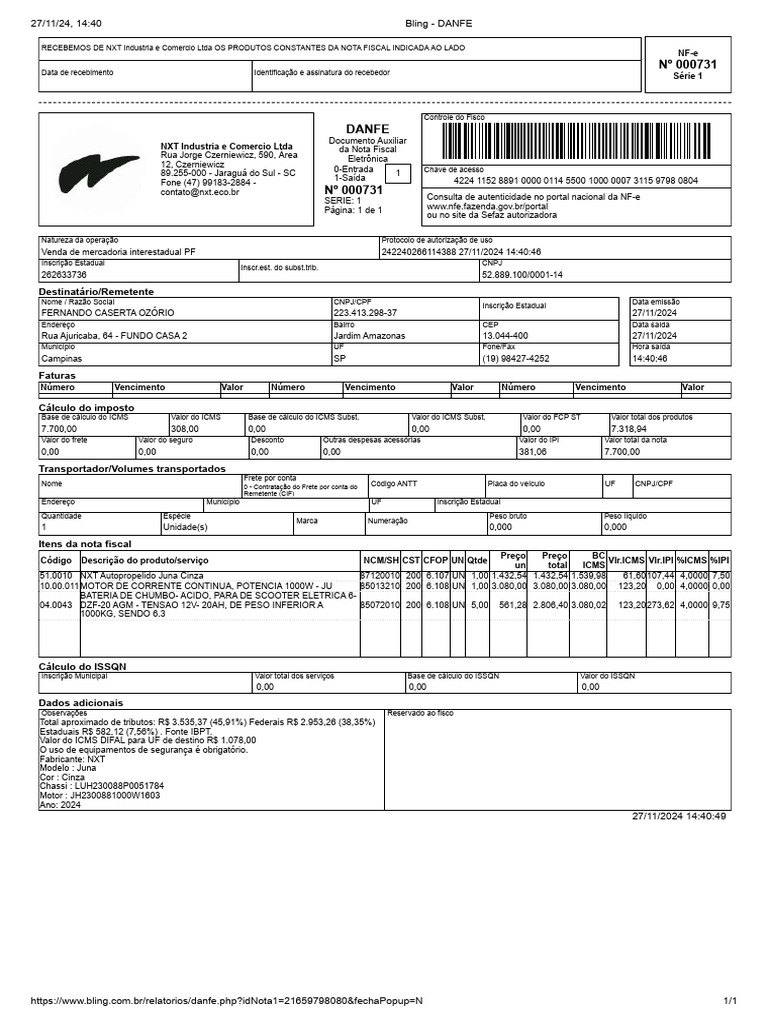 Nfe 731 FERNANDO CASERTA (Juna Cinza) | PDF | Recibo | Contabilidade