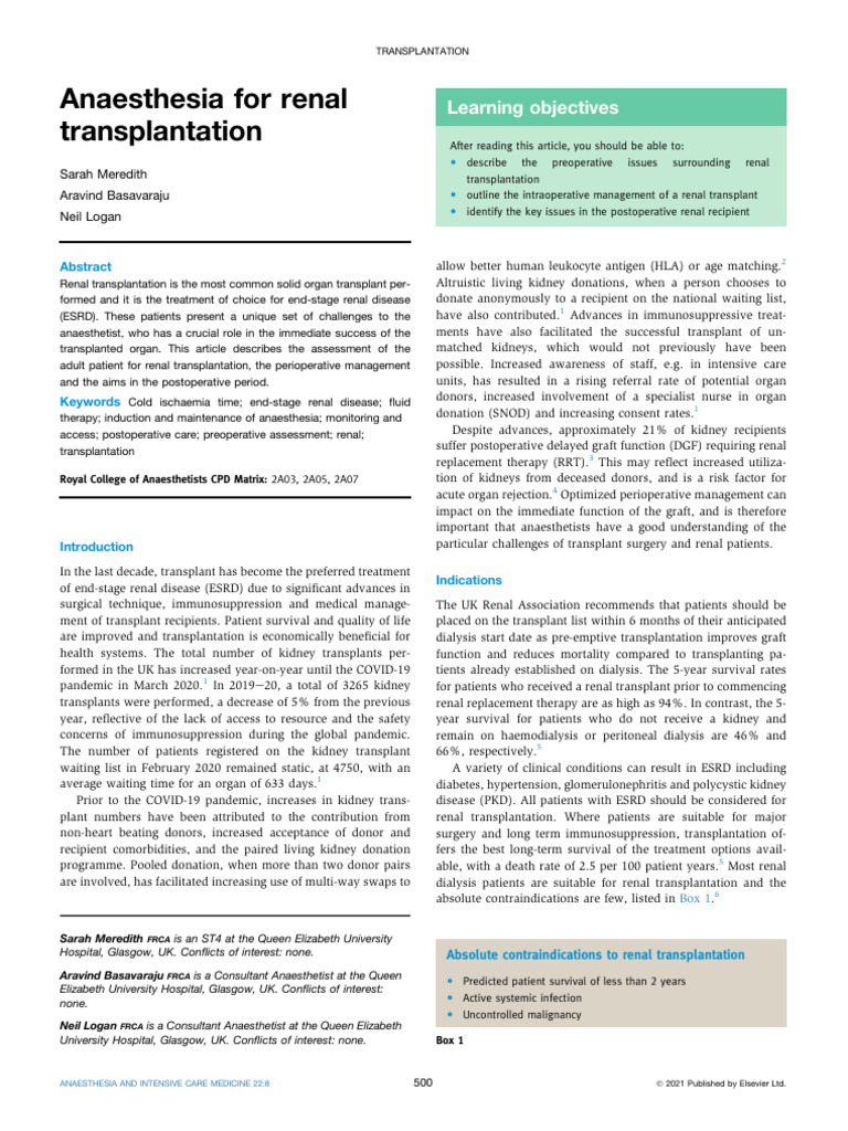 Anaesthesia in Renal Transplantation | PDF | Kidney Transplantation ...