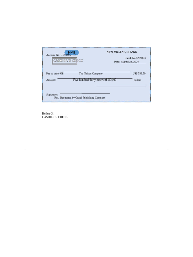Cashier's Check from New Millenium Bank | PDF
