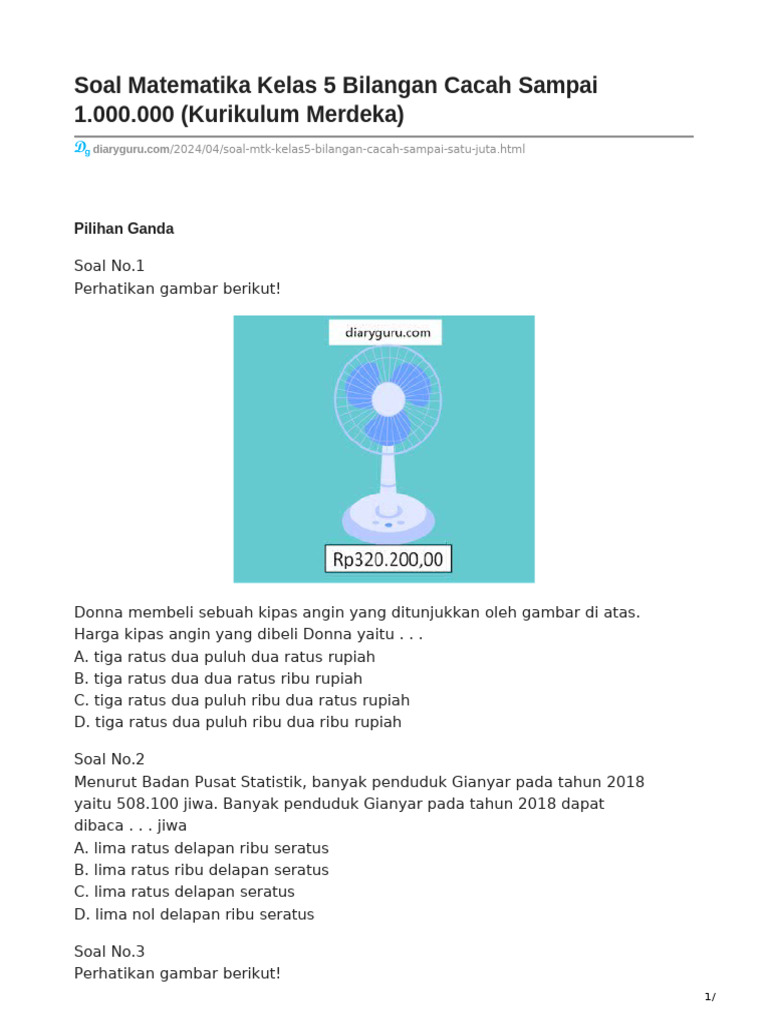 Soal Matematika Kelas 5 Bilangan Cacah | PDF