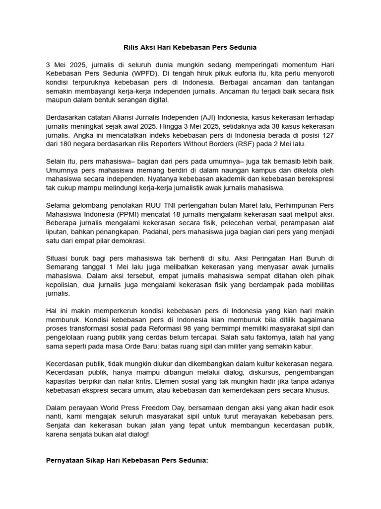 Rilis Aksi Hari Kebebasan Pers Sedunia | PDF