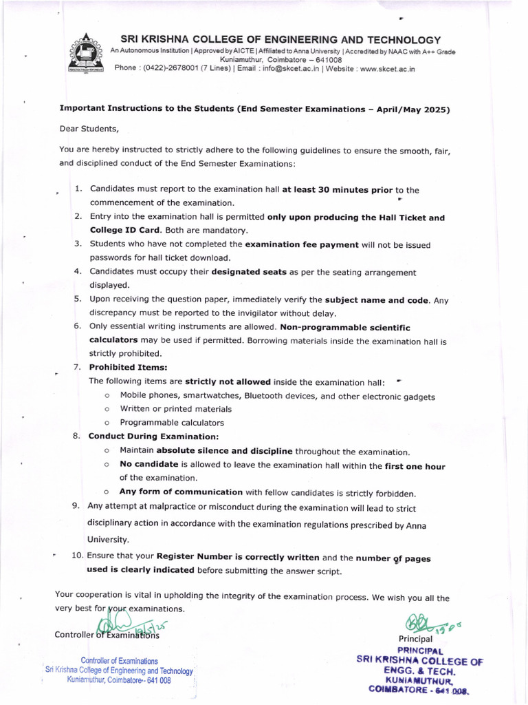 Instructions To Students End Semester Examination | PDF