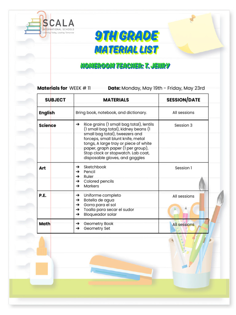 Week+#+11+ (May+19th+ +may+23rd) + +9th+grade+ +Material+List+ | PDF