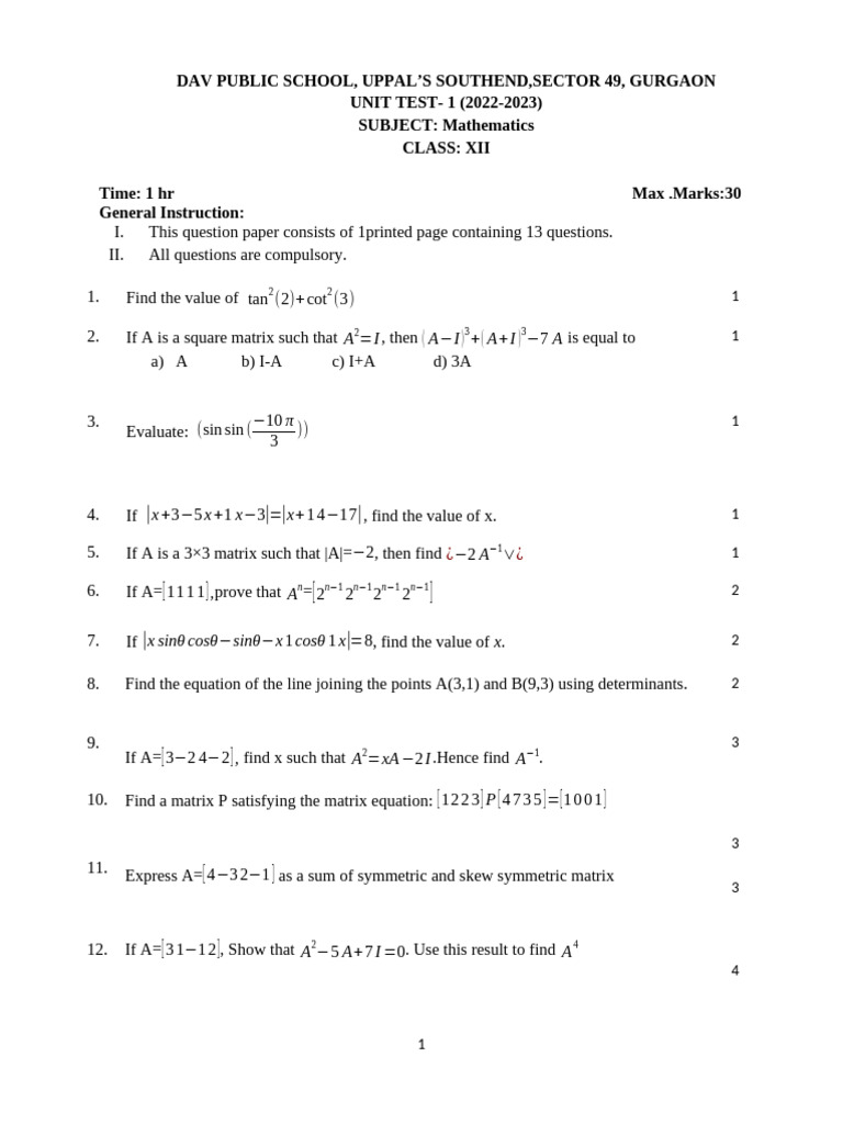Class XII UT 1 Maths (2022-23) | PDF | Matrix (Mathematics) | Algebra