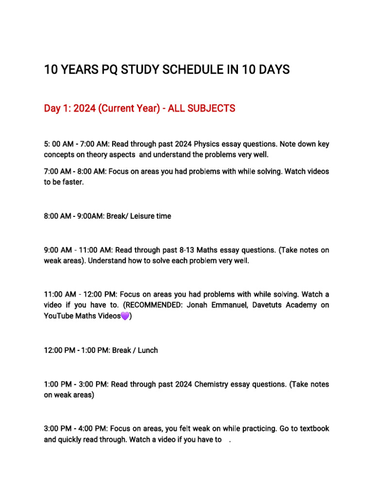 10-Day Exam Study Plan | PDF