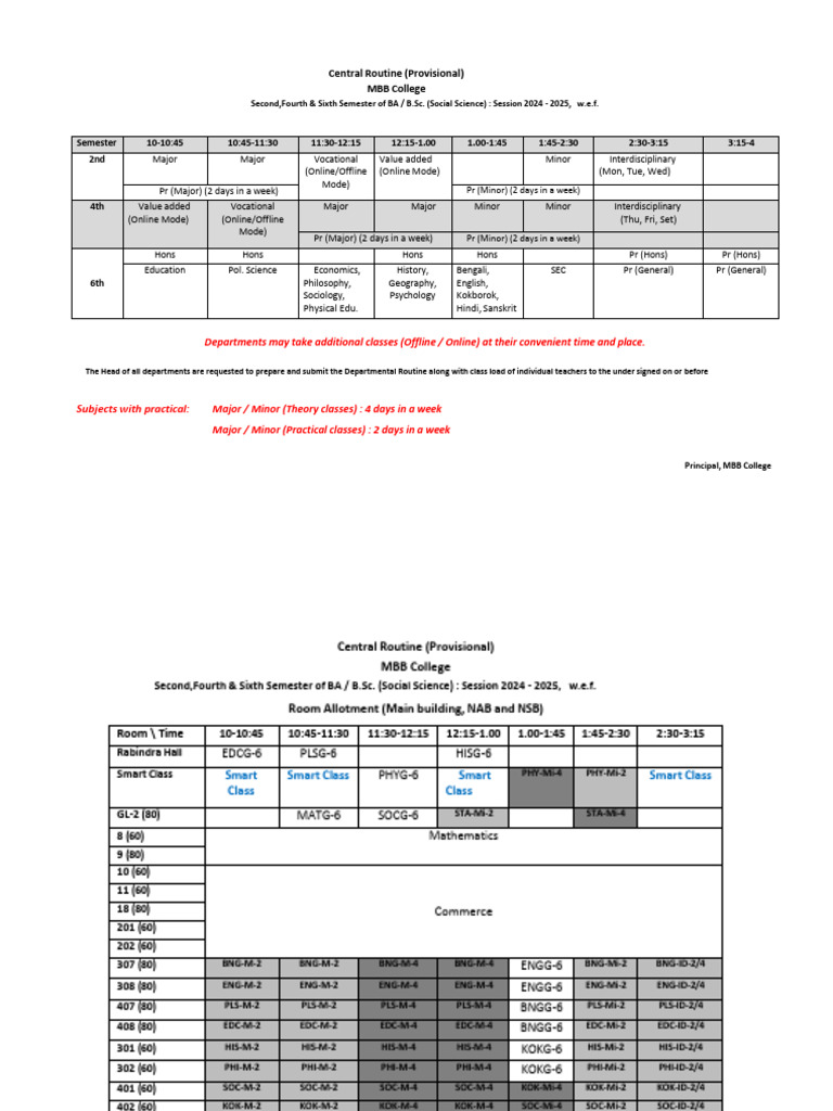 MBB College BA/B.Sc. Semester Routine 2024-25 | PDF | Science | Liberal ...