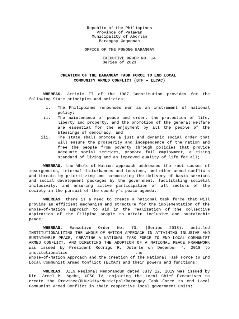 Barangay Task Force to End Local Conflict | PDF | Peace | Philippines