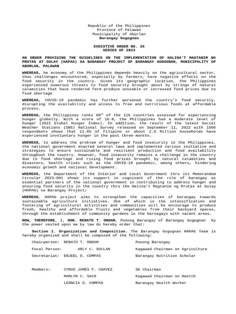 HAPAG Guidelines for Barangay Gogognan | PDF | Food Security | Hunger