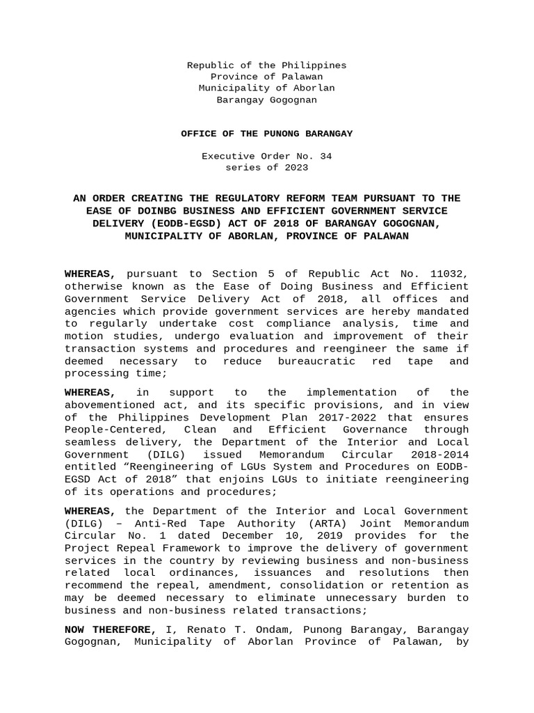 Regulatory Reform Team Creation Order | PDF | Government | Governance