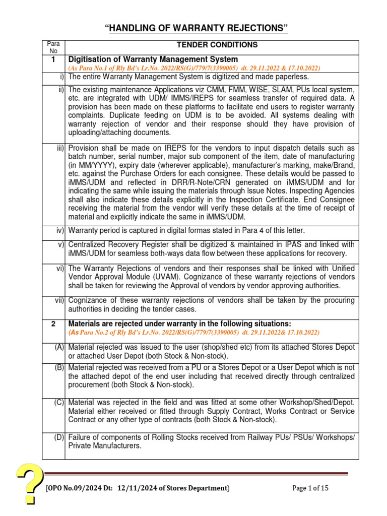 Warranty Rejection Handling Guidelines | PDF | Specification (Technical ...