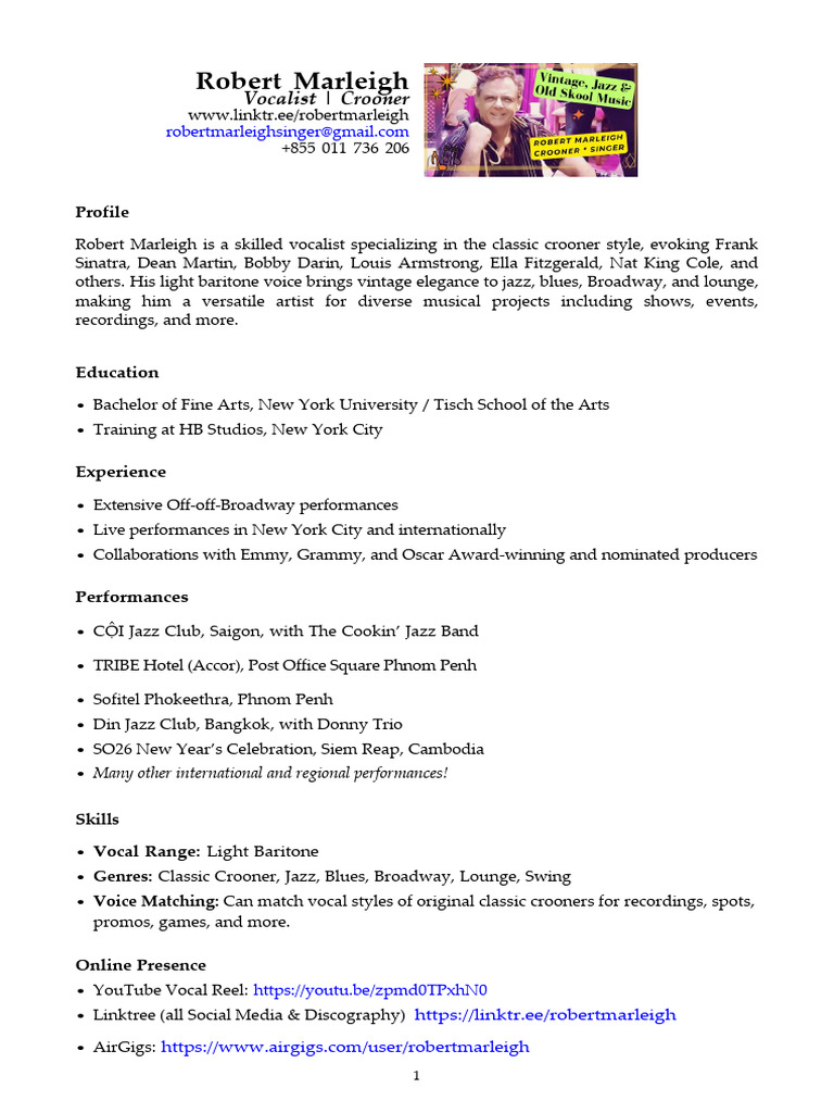 CV For Crooner (Singer) Robert Marleigh | PDF | Jazz | Popular Music