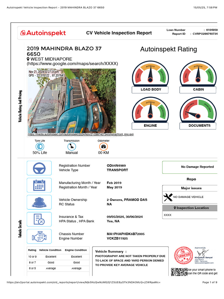 Autoinspekt Vehicle Inspection Report - 2019 MAHINDRA BLAZO 37 6650 ...