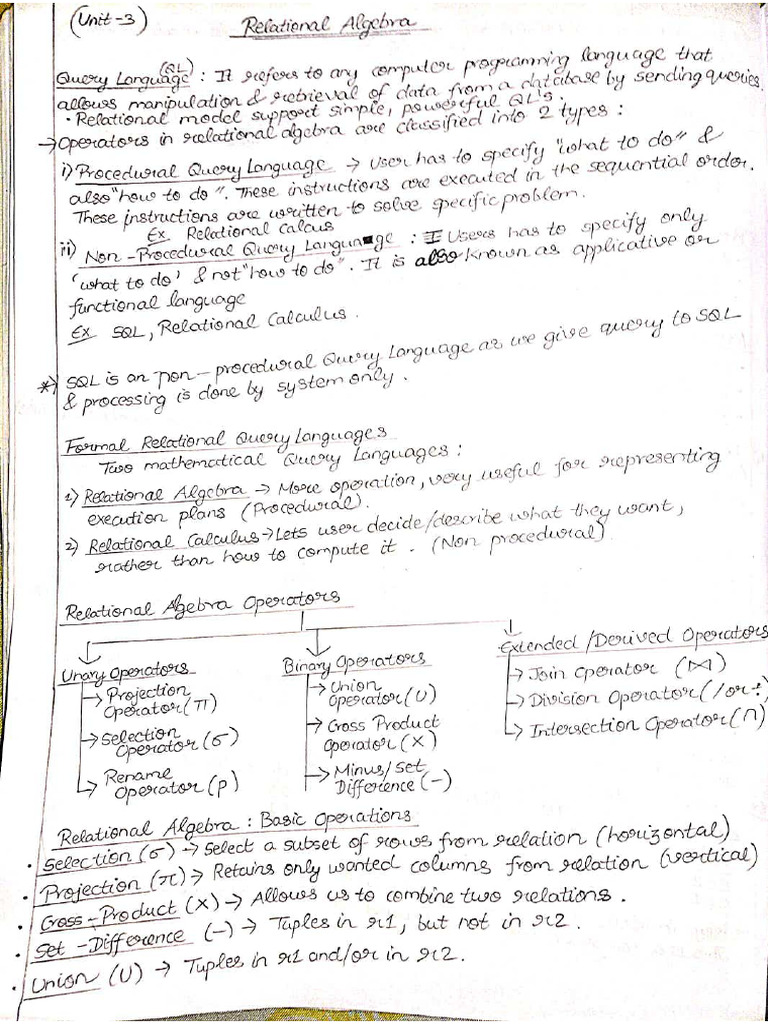 DBE U3 (Relational Algebra) Notes | PDF