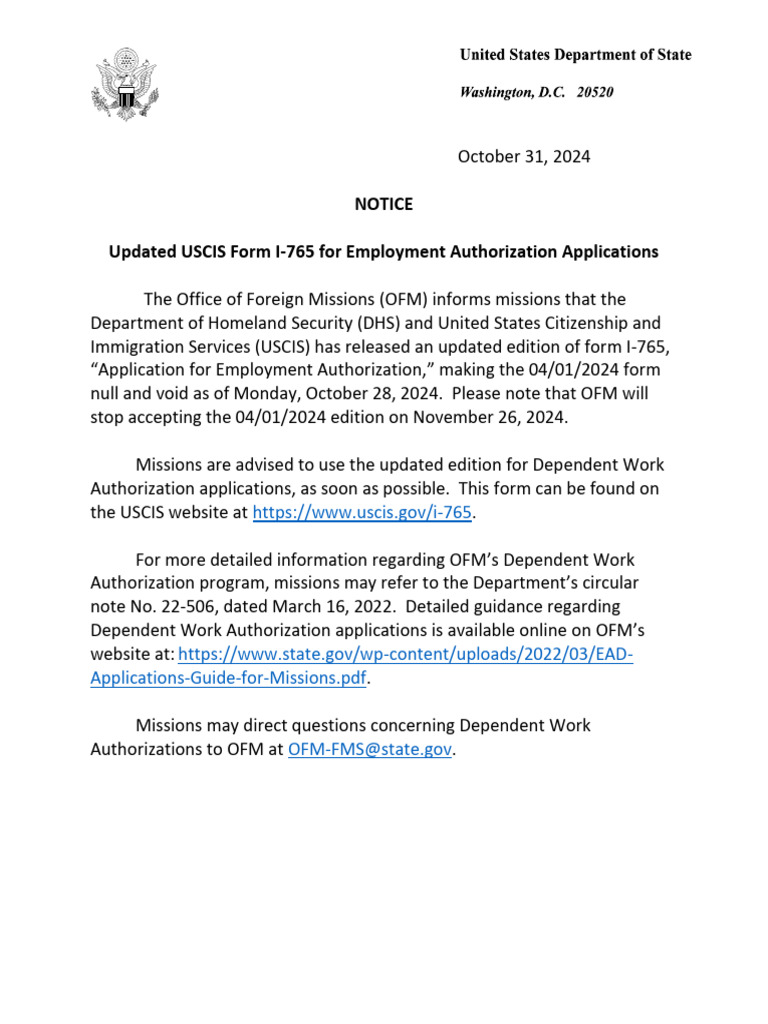 2024 10 31 Notice Updated USCIS I 765 Form For Dependent Work ...
