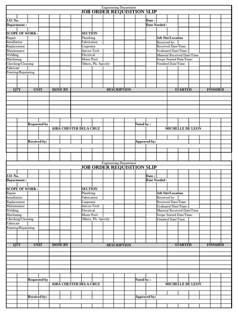 Engineering Job Order Requisition Slip | PDF | Industrial Processes ...