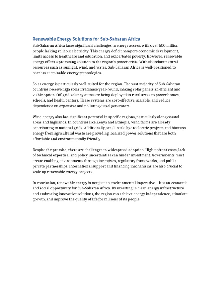 Renewable Energy Sub Saharan Africa Essay | PDF
