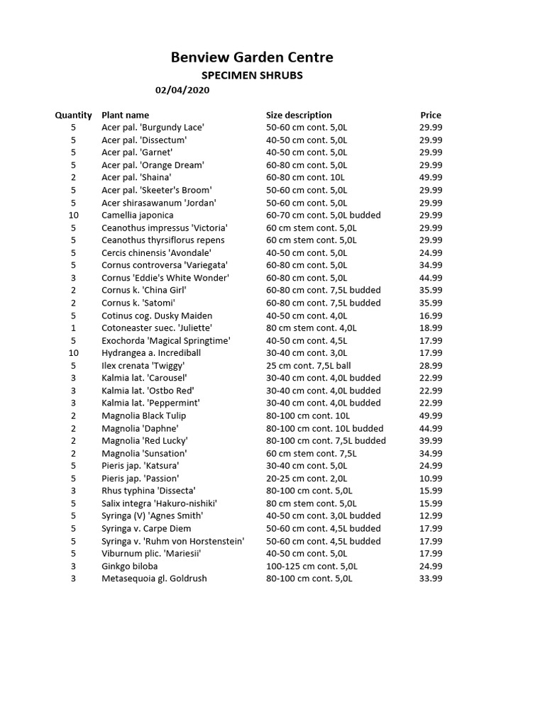 Benview Garden Centre: Specimen Shrubs | PDF