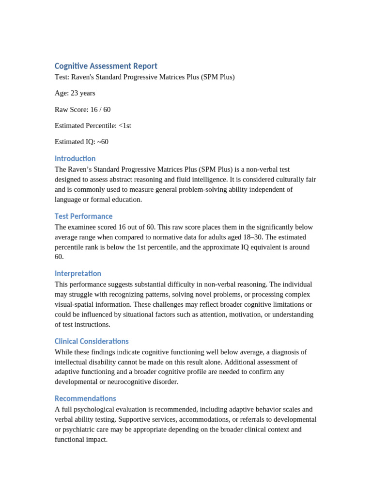 SPM Plus Cognitive Assessment Results | PDF