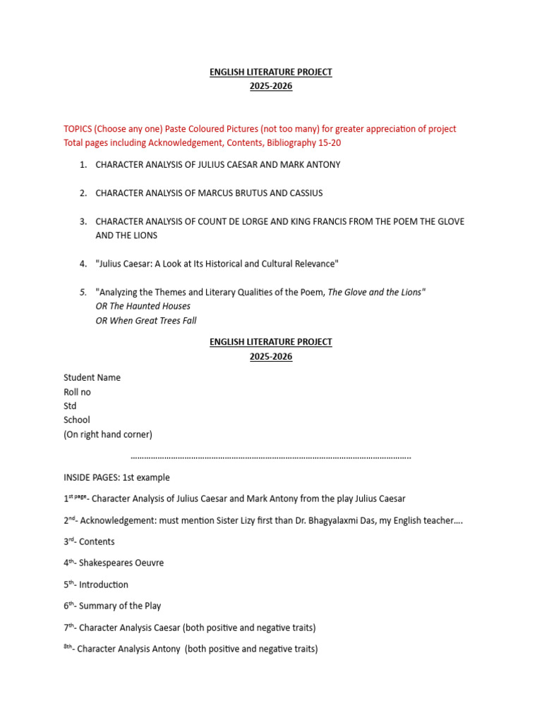 Literature Project Guidelines 2025-2026 | PDF