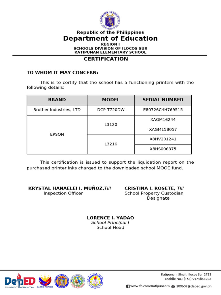 Katipunan Elementary School Printer Certification | PDF