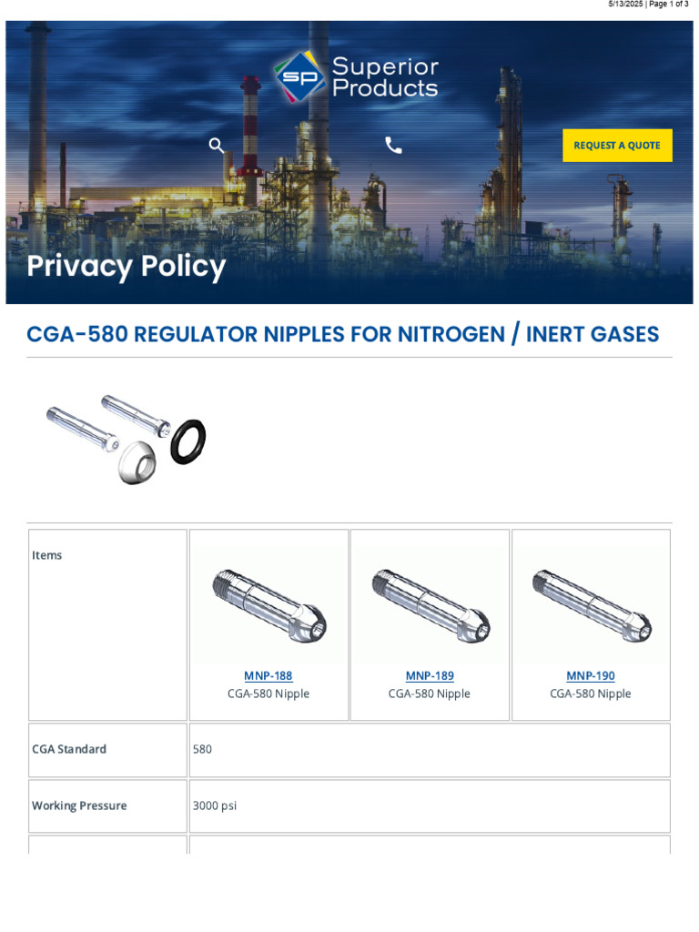 CGA-580 Regulator Nipples Overview | PDF