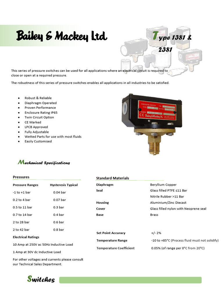 Bailey & Mackey Pressure Switch 1381/2381 | PDF | Switch | Alternating ...