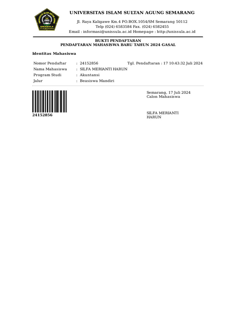 Bukti Pendaftaran Silfa Merianti Harun | PDF