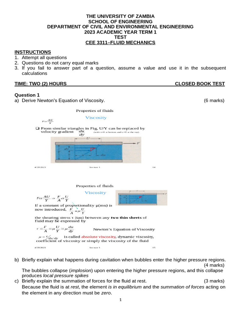 Fluid Mechanics Test - UNZA 2023 | PDF | Pressure | Fluid Dynamics