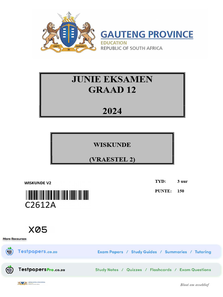 GR 12 Mathematics P2 (Afrikaans) June 2024 Question Paper | PDF