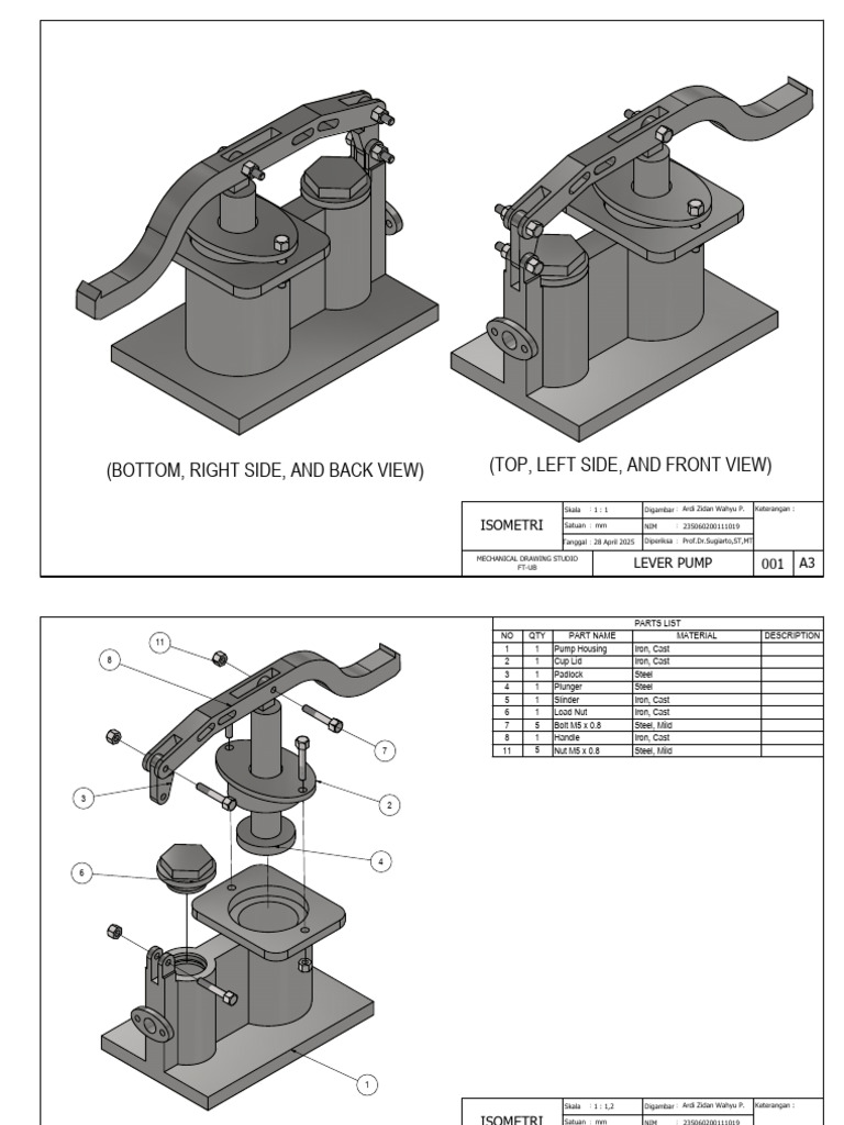 Isometric Drawing of Lever Pump Parts | PDF | Metals | Iron
